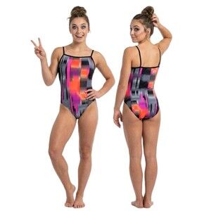 GK Elite VTG 90s Dizzy Colorblock Cami Leotard Size AM Adult M Black Pink Orange